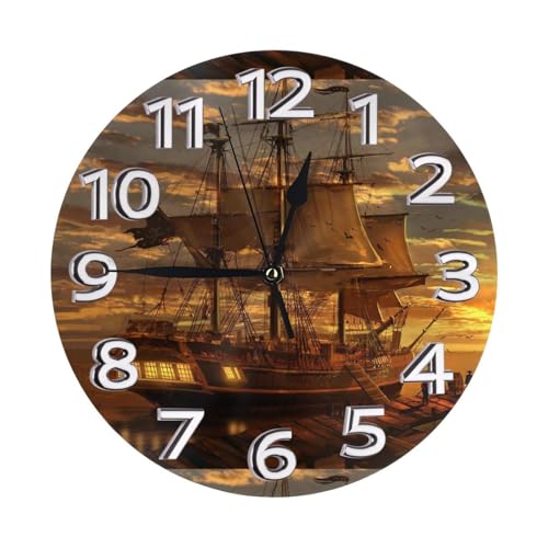SMSJTMWHN Orologio da parete rotondo con numeri e navi pirati, design silenzioso senza ticchettio, ecologico e personalizzabile per cucina, ufficio, classe, 25,4 cm