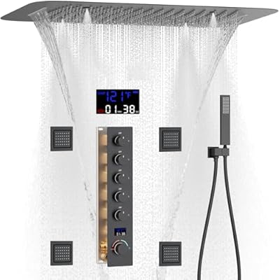 AYIVG Matte Black Shower System with 4pcs Body Jets Multi Function Thermostatic Rain Shower System Full Body Waterfall Shower System 16 * 24 Inch Temperature Display Shower Jets System