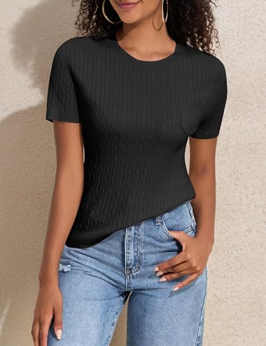 PrettyGuide Womens Short Sleeve Sweaters Shirt Crew Neck Lightweight Cable Knit Casual Dressy Tops4