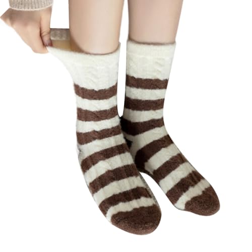 Qcbuegof Mujeres Twist Cable Fleece Felpa Slipper Calcetines Gruesos Cálidos Color Térmico Bloqueo Rayas Fuzzy Fondo En Las Superficies Interiores Calcetines Mujeres Peludo Slipper Calcetines, Coffee