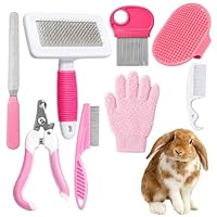 8-teiliges Kaninchen Pflege Set,Kaninchen Bürste Set, Hasen Zubehör mit Nagelknipser, Flohkamm, Badebürste, Reinigungshandschuhe, Praktische Pflegewerkzeuge für Pelzknotenlösen (rosa)