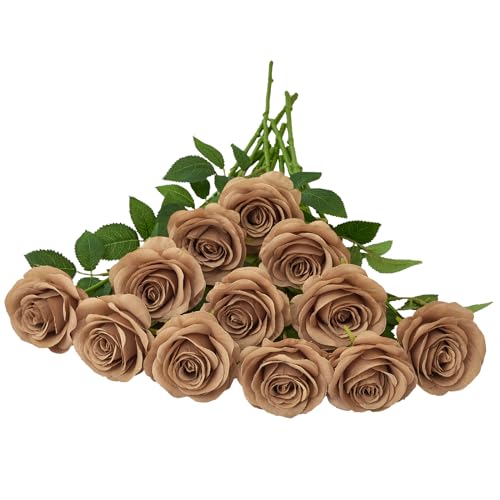 Helera 12pcs Coffee Roses Artificial Flowers Fake Roses Silk Flowers Roses with Long Stems for Wedding Home Party Centerpieces Decorations