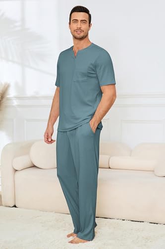 Image of JiniGolla Mens Pajamas Set Soft Short Sleeve Top and Pant Loungewear Sets 2 Piece Pjs with Pockets
