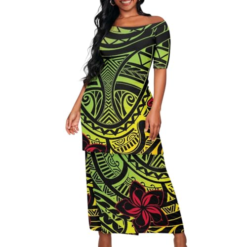 ENLACHIC Women Puletasi Samoan Traditional Dress Polynesian Tribal Print Off Shoulder Maxi Dress 2 Piece Outfit
