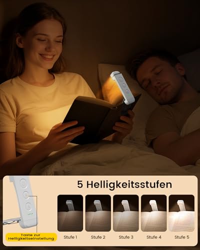 Glocusent Leselampe Buch Klemme, Augenschonende Leselampe mit 3 Farben & 5 Helligkeiten, 80 Stunden Dauer Wiederaufladbare Leselicht, Buchlampe zum Klemmen für Kinder, Buchliebhaber (Altweiß) – Bild 3