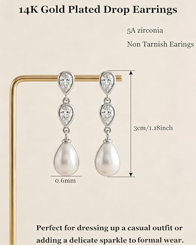 KALOAURA Silver Pearl Drop Earrings for Women, 14K Gold Plated Bridal Dangle Earrings with Teardrop Cubic Zirconia, Wedding Jewelry for Brides, Formal Events, Parties and Gifts — view 6