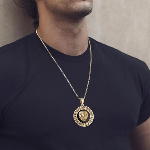 AsAlways Mens Medallion Pattern Gold Plated Stainless Steel Circle of Rhinestone Crystal Iced Out Lion Head Round Pendant Necklace for Men, 24"Chain Necklace