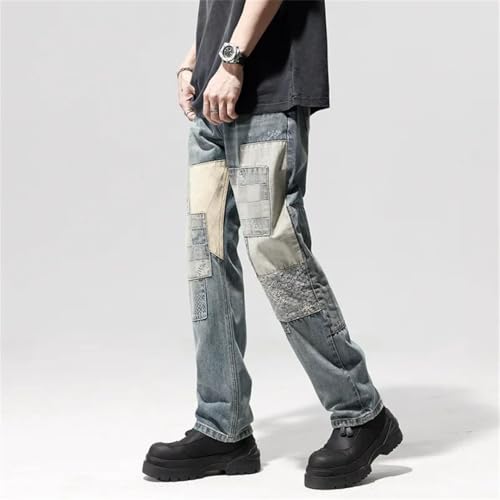 Men’S Fashionable Loose Fit Straight Leg Patchwork Denim Pants Button Fly Midweight Ankle Length Casual Jeans3