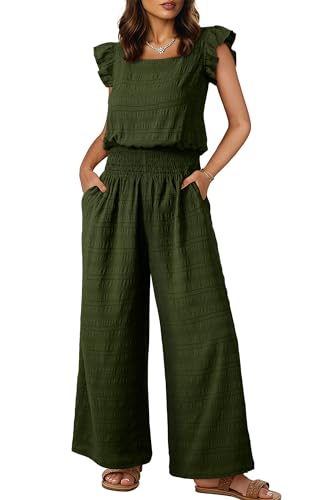 Dokotoo Womens Overalls Green Jumpsuits for Women Casual Loose Fit Solid Color Wide Leg One Piece Short Sleeve Jumpsuit Smocked Waisted Long Pant Rompers with Pockets Medium
