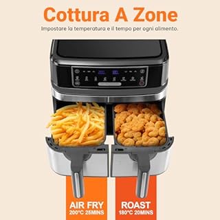 Friggitrice Ad Aria 9L | Friggitrice Aria Doppio Cestello con 2x4,5L Cestello, 8-in-1 Airfryer Controllo Indipendente Temperatura 50-200℃, Grande Doppia Zona 2600W Air Fryer LED Schermo Touch Timer