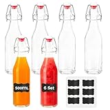 YOMKILU Lot de 6 Bouteille Verre 500ml avec Bouchon Mécanique, Bouteilles Vides à Remplir Fiole avec 6 Étiquettes, Bouteille Vide Verre pour Huile D'Olive, Vinaigre, Liqueur, Bière ou Eau Gazeuse