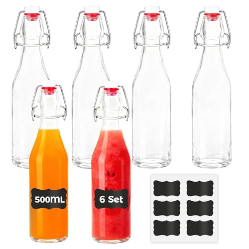 YOMKILU 6er Set Glasflaschen 500ml mit Bügelverschluss, Bügelflaschen Zum Befüllen, Flaschen mit 6 Etiketten, Abfüllflaschen für Öl, Essig, Likör, Saft, Sirup
