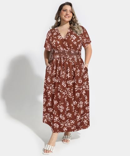 Image of CARCOS Plus Size Dresses for Curvy Women V Neck Summer Maxi Dress Short Sleeve Floral Boho Dress Smocked Waist Beach Dress