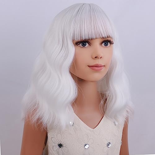 Image of PATTNIUM Kids White Wig Short Curly Wavy White Girls Wig with Bangs Bob Synthetic Hair Wigs