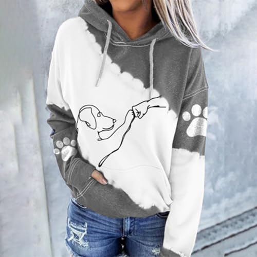 Generisch Sweatjacke Damen Mit Damen, süßes Hundemotiv, Fauststoß-Grafik, langärmelig, Übergröße, Kapuzenpullover mit Taschen Weiße Flauschige (Grey, L)