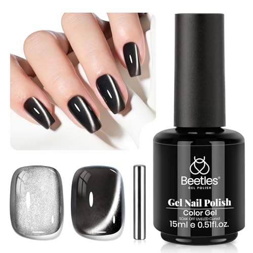 Image of Beetles Black Cat Eye Gel Polish, 15ML Black Glass Cat Eye Glitter Gel Polish with Magnet Shimmer Translucent Sheer Color Soak Off UV Midnight Sands Series French Nail Art Dsign Gift for Women
