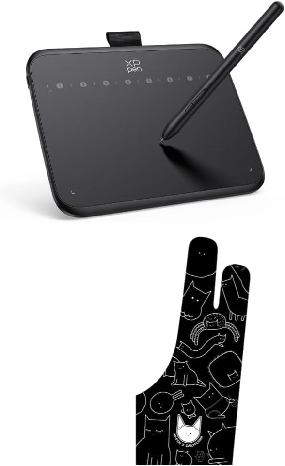 XPPen Deco 640 Drawing Tablet with 16384 Pressure Levels Sensitivity Battery-Free Stylus 6 * 4 Inch OSU Drawing Pad Graphic Tablet & Digital Drawing Glove Two-Finger Artist Glove with Cute Cat Print