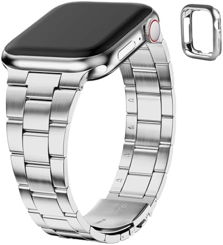 Fullmosa No Tools Needed Compatible Apple Watch Strap 45mm 44mm 42mm with Case [Watch NOT Included],Slim Metal Link Wristband for iWatch SE3/2/1 Series 9/8/7/6/5/4/3/2/1,Silver