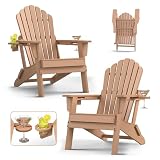 Folding Adirondack Chair with Dual Cup Holders Set of 2, Ergonomic High Back Fire Pit Chair,HDPE All-Weather Outdoor Patio Chair for Garden, Deck,Cedar