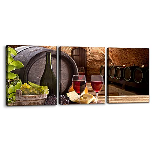 Kitchen Wall Art Red Wine Cellar Pictures Wooden Barrel and Fruit Grape Painting for Living Room 3 Panel Canvas Artwork House Modern Decor Giclee Posters Prints Framed Ready to Hang - 12 x 16 inch x 3