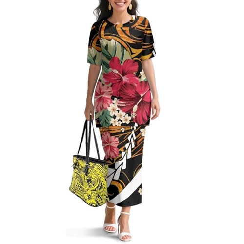 Image of Puletasi Polynesian Tribal Clothing Two Piece Skirt Set for Women Outfits Short Sleeve Top High Waist Midi Skirt