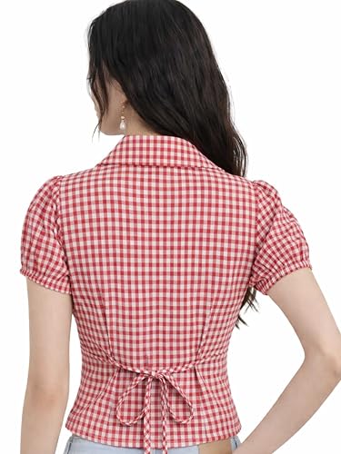 Image of Women V-Neck Puff Sleeve Crop Top with Back Tie-Up Detail