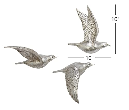 Deco 79 Resin Bird Metallic 3D Sculpted Wall Decor, Set Of 3 10", 9", 9"H, Silver #TOP2