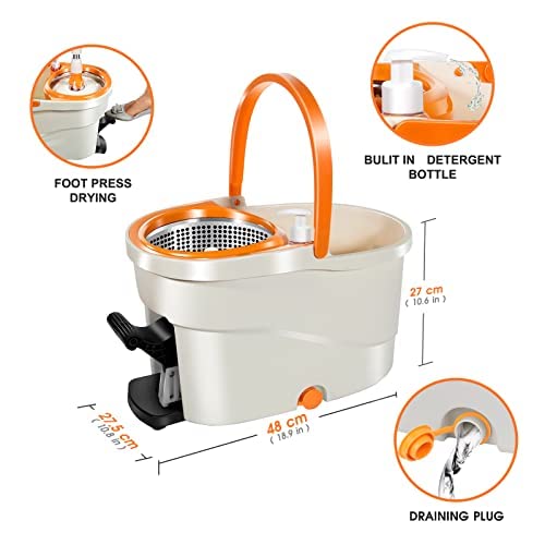 Masthome Spin Mop And Bucket With Wringer Set, Mops For Floor Cleaning,Easy Wring Foot Pedal,Adjustable Stainless Steel Mop Handle,5 Microfiber Mop Refills & 5 Cleaning Cloths, Hardwood Tile Laminate #TOP3