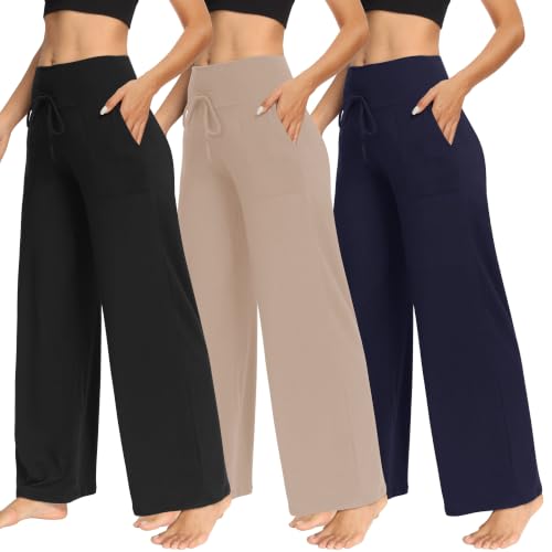 Image of TNNZEET 3 Pack Women's Wide Leg Pants with Pockets - Casual Loose Yoga Trouser Pants Sweatpants Palazzo Lounge Pajama Pants