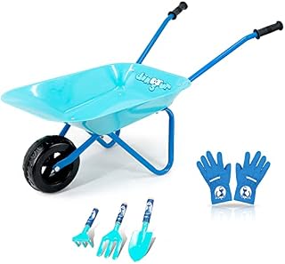Colwelt Kids Metal Wheelbarrow 5Pcs, Childrens Wheelbarrow Kids Gardening Set with Shovel, Rake, Fork and Kids Gloves(Blue)