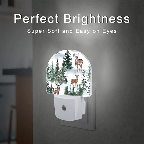 Image of Winter Deer and Snowy Forest Night Light for Kids,Christmas Pine Trees Deer Night Light Plug in with Dusk to Dawn Sensor,0.5w Energy Saving Nightlight for Hallway Stairway Kitchen Bedroom