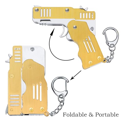 KIIDAS Rubber Band Gun Toy - Metal Folding Mini Launcher Toy Gun with Keychain and Bag of Bands - Safe and Durable Toy Gun for Endless Fun - Image 3