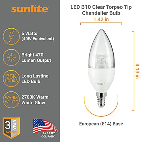 Sunlite 41611 Led B10 Clear Torpedo Tip Chandelier Light Bulb, 5 Watts (40W Equivalent) 470 Lumens, European E14 Base, Dimmable, 2700K Warm White 6 Pack #TOP1