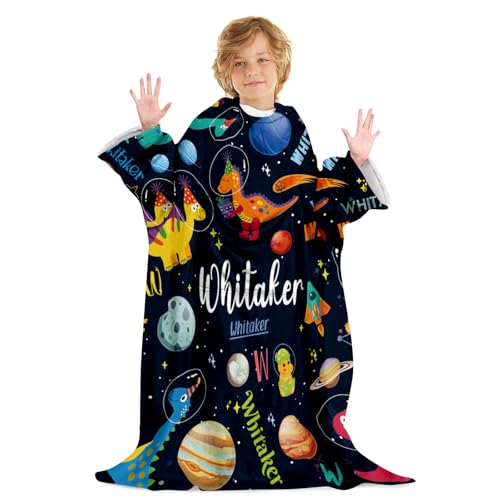 Custom Name Wearable Flannel Blanket for Kids, Lightweight Soft Blanket with Sleeves & Foot Pocket for Boy, Plush Throw Blankets with Space Dinosaur Pattern for Children Adult