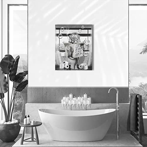 Funny Lion Canvas Wall Art Black And White Pictures Farmhouse Bathroom Wall Decor Lion Sitting In Toilet Reading Newspaper Painting For Toilet Bathroom Animals Artwork Framed 12"X16" #TOP3