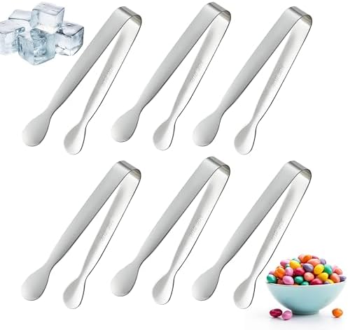 6PCS Mini Small Tiny Tongs, 4.25Inch Kitchen Metal Stainless Steel Small Tongs for Serving Food, Ice, Salad, Toaster, Desserts, Appetizers and Charcuterie Board (6 Pack, Silver)