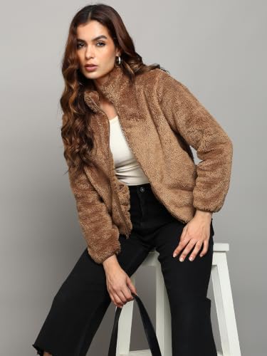 Image of Alan Jones Clothing Women's Fluffy Yarn Fleece Full-Zip Jacket | Soft Lightweight Warm Outerwear with Stand Collar & Piping at Hem & Cuffs