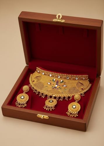 Image of Rajpooti Rajwadi Gold Plated Choker Necklace Set for Women with Matching Earrings | Traditional Bridal Wedding Jewelry | Ethnic Rajasthani Statement Necklace | Adjustable Dori Closure