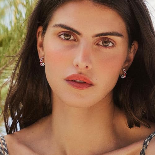 Gloquat Silver Plated Red Cubic Zirconia Hoop Earring For Women Sterling Silver Post Ruby Red Cuff Earring Huggie Stud For Female Hypoallergenic Trendy For Birthday Anniversary Wedding Earring thumb #1