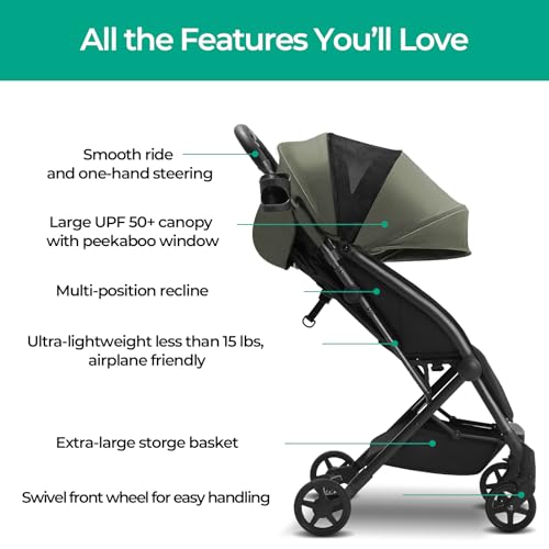 Mompush Lithe, Lightweight Stroller, Compact One-Hand Fold Luggage-Style Travel Stroller for Airplane Friendly, Reclining Seat and XL Canopy, with Rain Cover & Travel Carry Bag & Cup Holder - Thumbnail 2