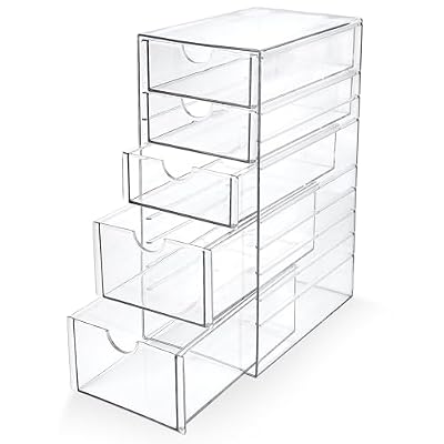 Prsildan Acrylic Drawer Makeup Organizer with 5 Drawers, Hair Accessories Organizer, Office Desk Organization, Clear Stackable Storage Drawers for Vanity, Countertop, Craft, Jewelry