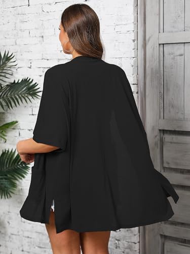 AusLook Plus Size Women's Knit Short Sleeve Lightweight Open Front Cardigans Shrugs Shawls and Wraps Jacket Coat with Pockets2