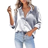 Baxtayel Women Satin Silk Button Down Shirt Casual Long Sleeve V Neck Blouse Loose Dressy Business Work Office Tunic Tops Silver