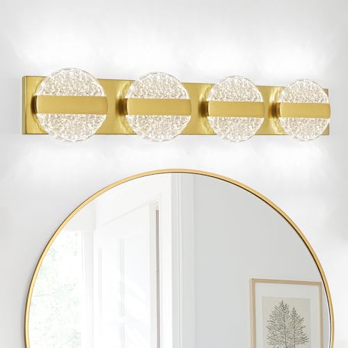 Image of Luxury Brushed Gold Bathroom Vanity Light with High CRI 90+ LED for True Colors, 20W 6000K Cool White Modern Bathroom Lights Fixture Over Mirror for Makeup & Shaving