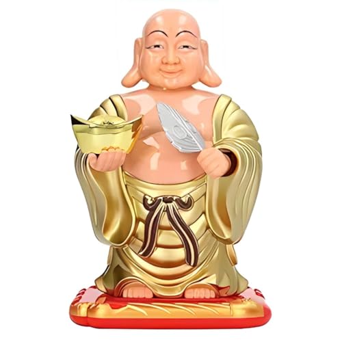 Image of YBN Plastic Moving Hand Solar Powered Laughing Buddha with Holding Ingot & Waving Fan | Moving Head & Fan | for Home Dash Decor Decorative Showpiece (10 x 7 x 6 cm) (Laughing Buddha)