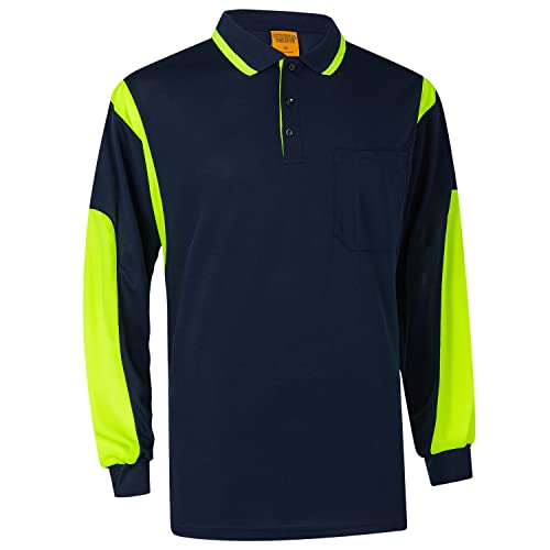 Zmart Australia HI VIS Long Sleeve Workwear Polo Shirt Cool Dry Reflective Safety w Chest Pocket, Navy/Yellow, M
