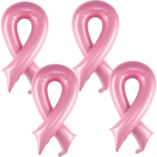 JazSwirl Breast Cancer Awareness Balloons 4-Pack 42in Large Pink Ribbon Foil Balloon Breast Cancer Balloons for Breast Cancer Awareness Month Fundraisers and Survivor Events