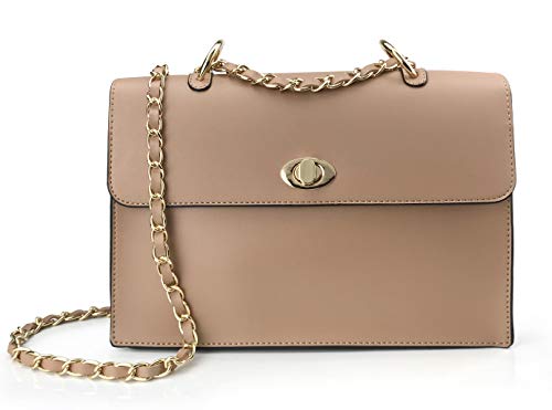 Women Chain Shoulder Handbag With Turn Lock Minimalist Flap Top Cross Body Bag Purse (Nude) Medium #TOP17