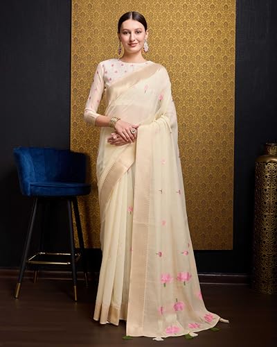 Image of SWORNOF Womens Linen Silk Saree | Saree for Women With Unstitched Blouse | Saree with Blouse Piece | Soft and Skin Friendly