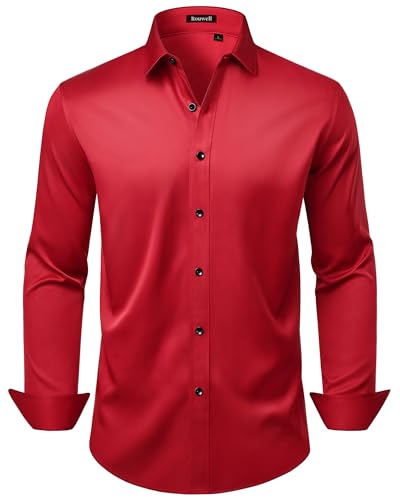 ROUWELL Red Dress Shirt Men Long Sleeve Wrinkle Free Stretch Non Iron Wedding Party Prom Button Down Shirts L